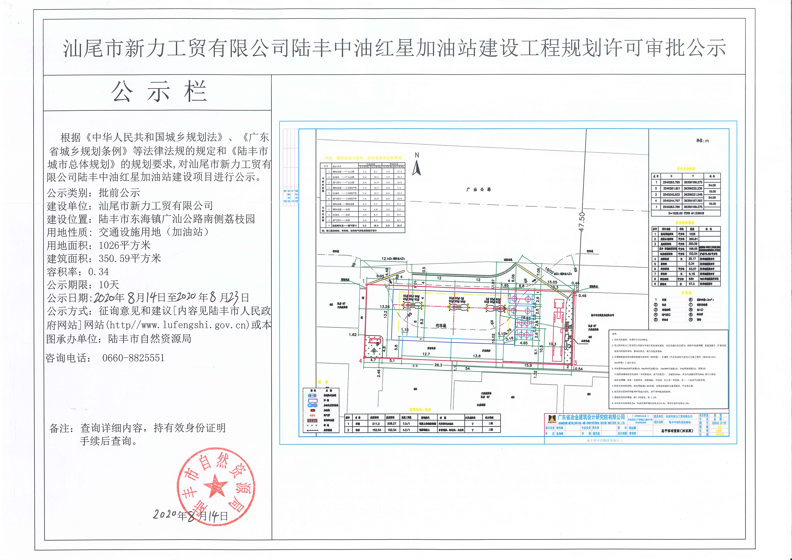 汕尾市新力工貿有限公司陸豐中油紅星加油站建設工程規劃許可審批公示.jpg